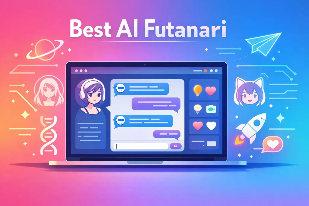 Laptop displaying a futuristic AI futanari chatbot interface.