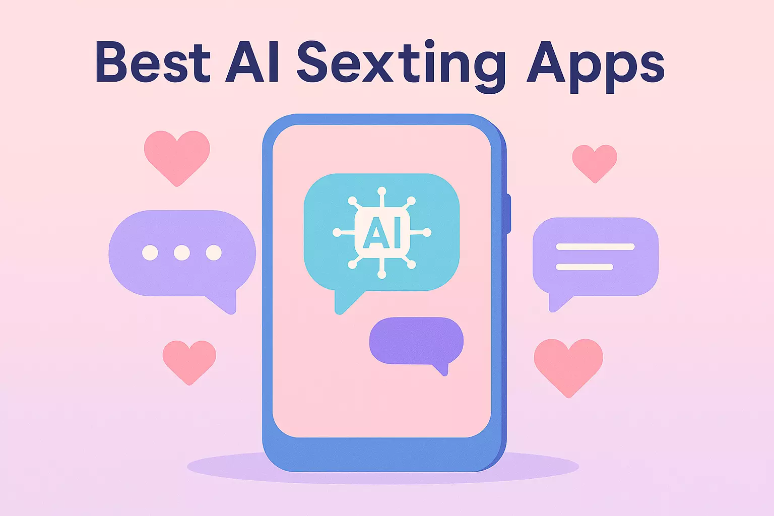 Smartphone surrounded by floating chat bubbles and heart icons.