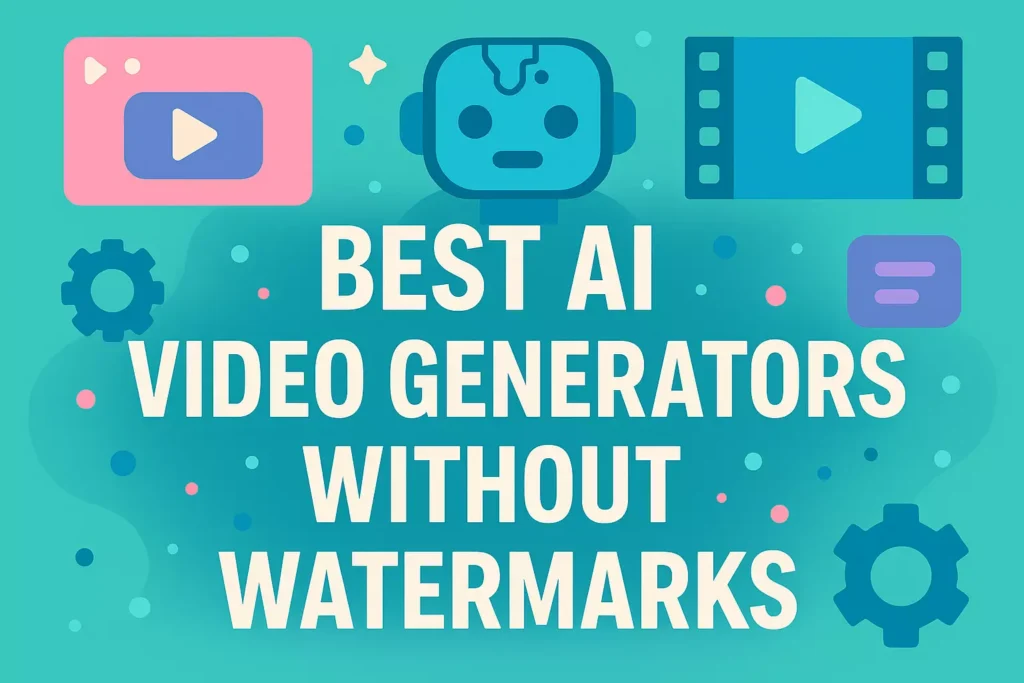 Cute tech-themed graphic with title ‘Best AI Video Generators Without Watermarks and video icons.