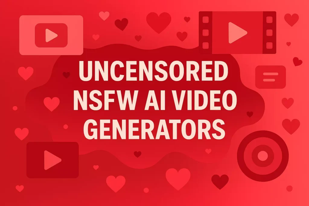 Red gradient tech themed graphic with hearts and video icons surrounding the title Uncensored NSFW AI Video Generators.