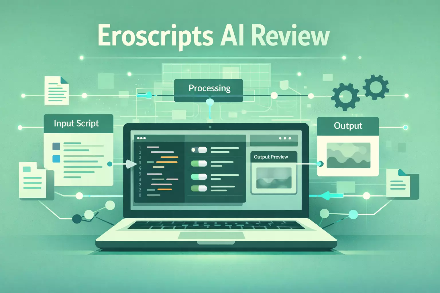 Eroscripts AI review illustration showing a script-based AI workflow with code interface and automation elements
