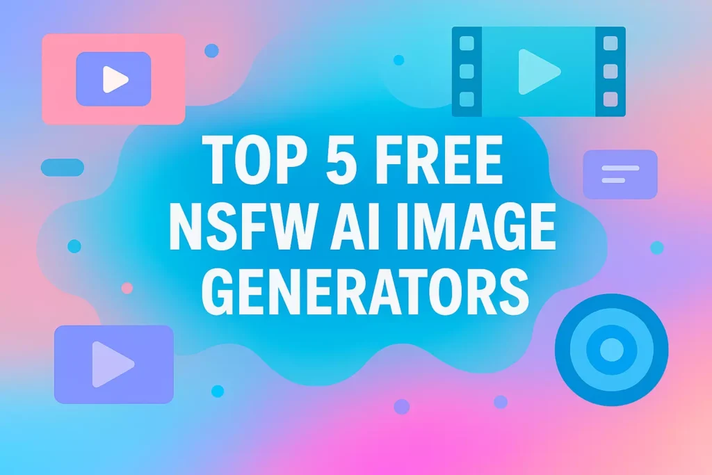 Pastel tech-themed graphic with title Top 5 Free NSFW AI Image Generators and abstract icons for photos and video.
