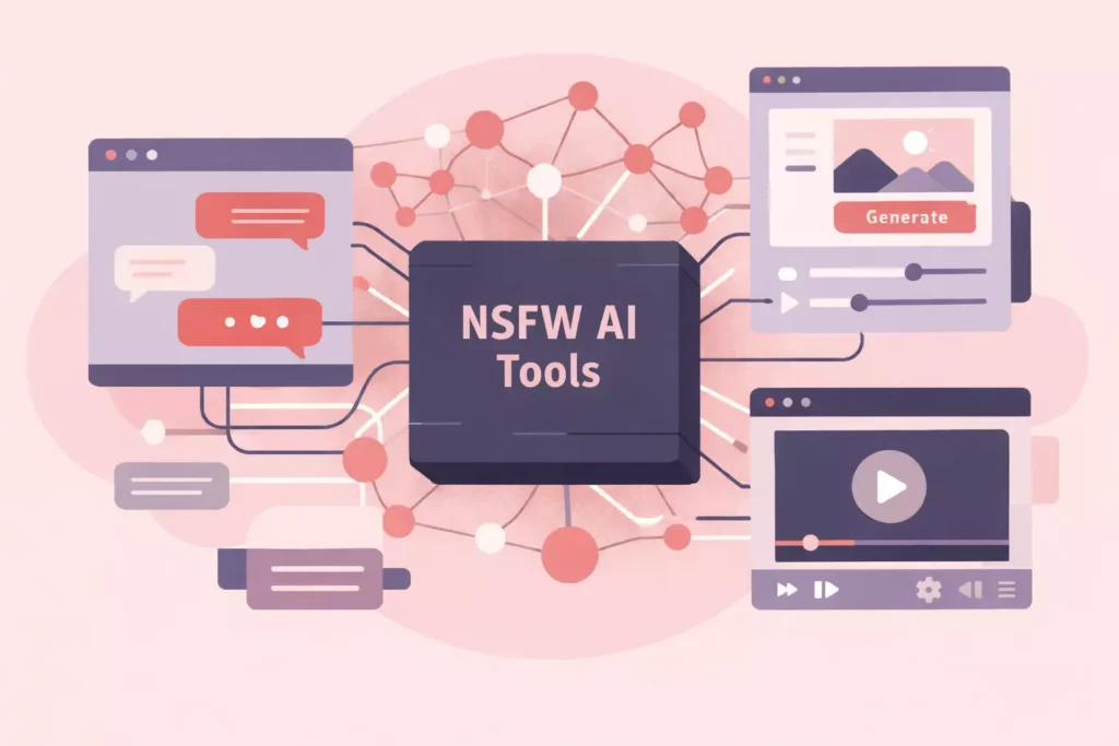 NSFW AI tools illustration showing chatbot, image generator, and video generator interfaces connected to a central AI system labeled “NSFW AI Tools.”