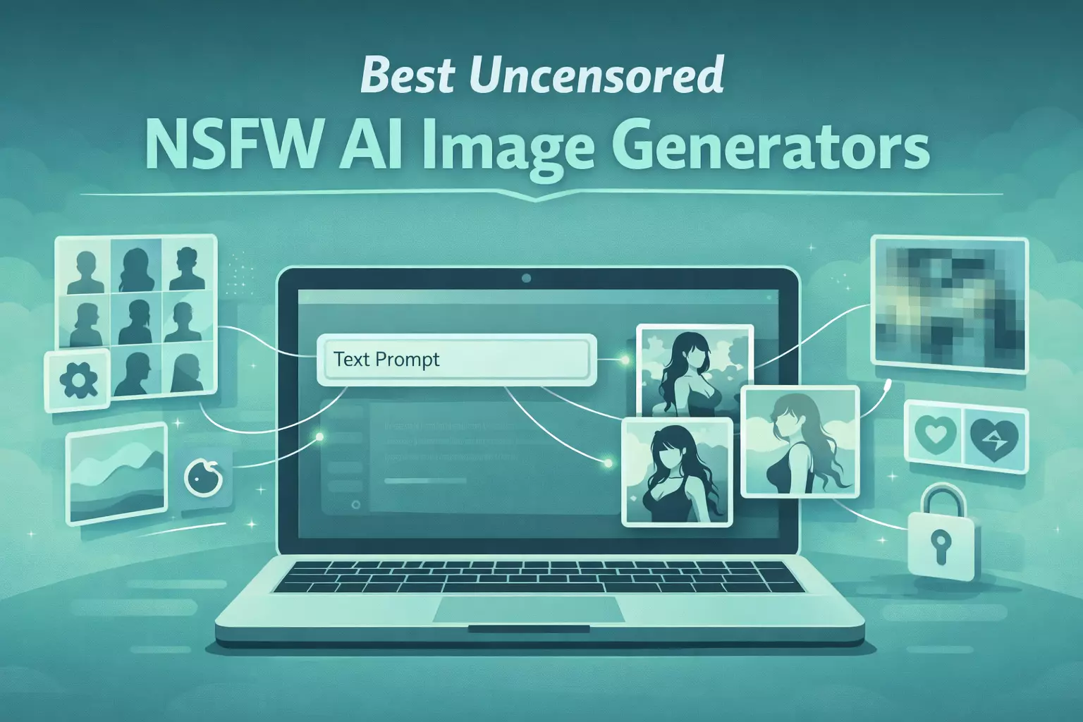 Uncensored NSFW AI image generators concept illustration showing a laptop with an AI image generation interface and floating AI-generated artwork panels in a teal and aqua color scheme.