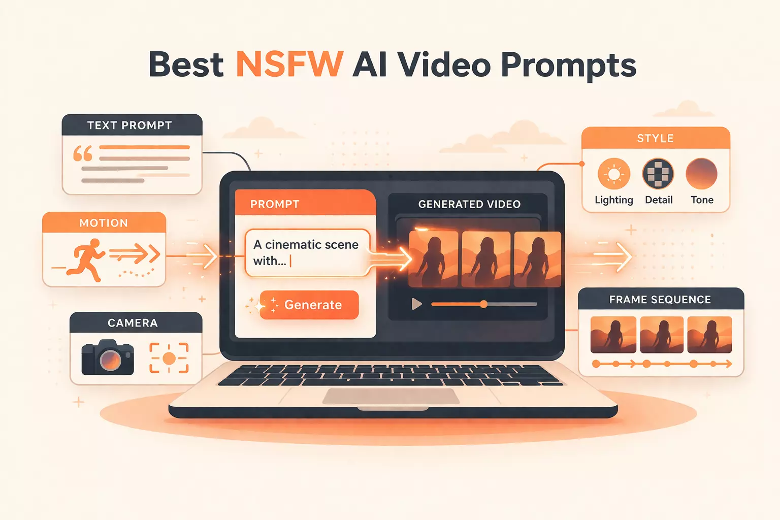 Best NSFW AI video prompts illustration showing prompt input transforming into generated video frames on a laptop.