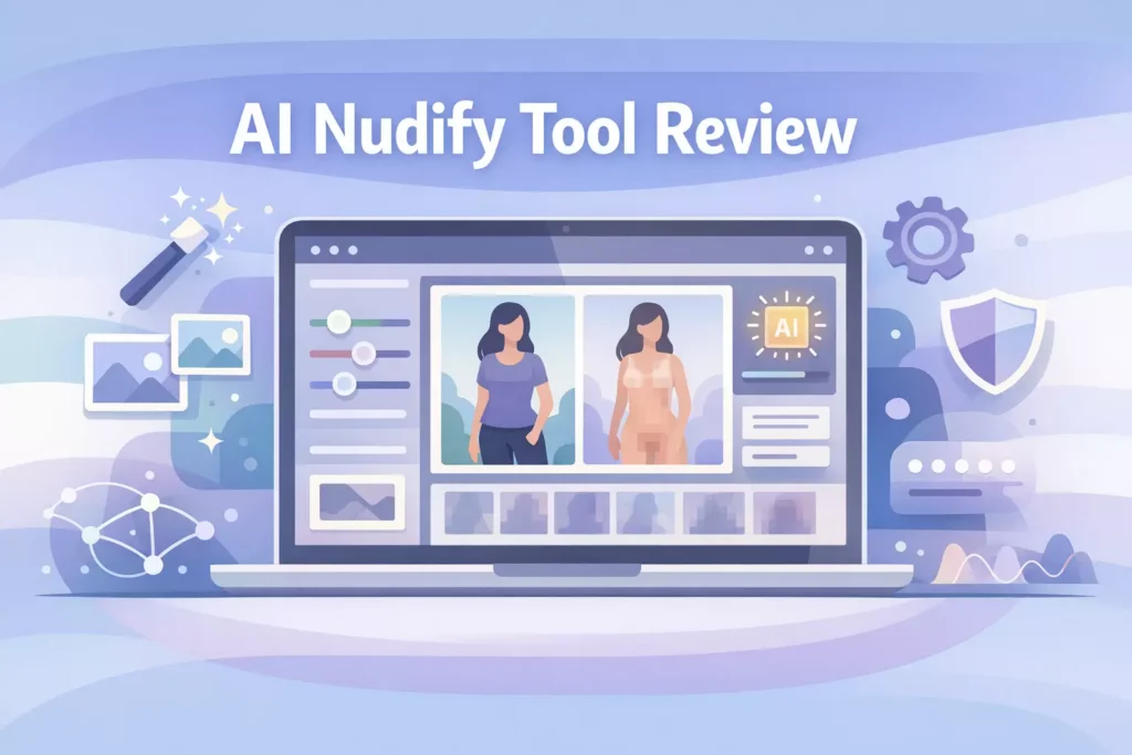 Illustration of a laptop screen showing an AI image editing interface with sliders, preview thumbnails, and the title “AI Nudify Tool Review” above it, representing a review of an AI nudify tool.