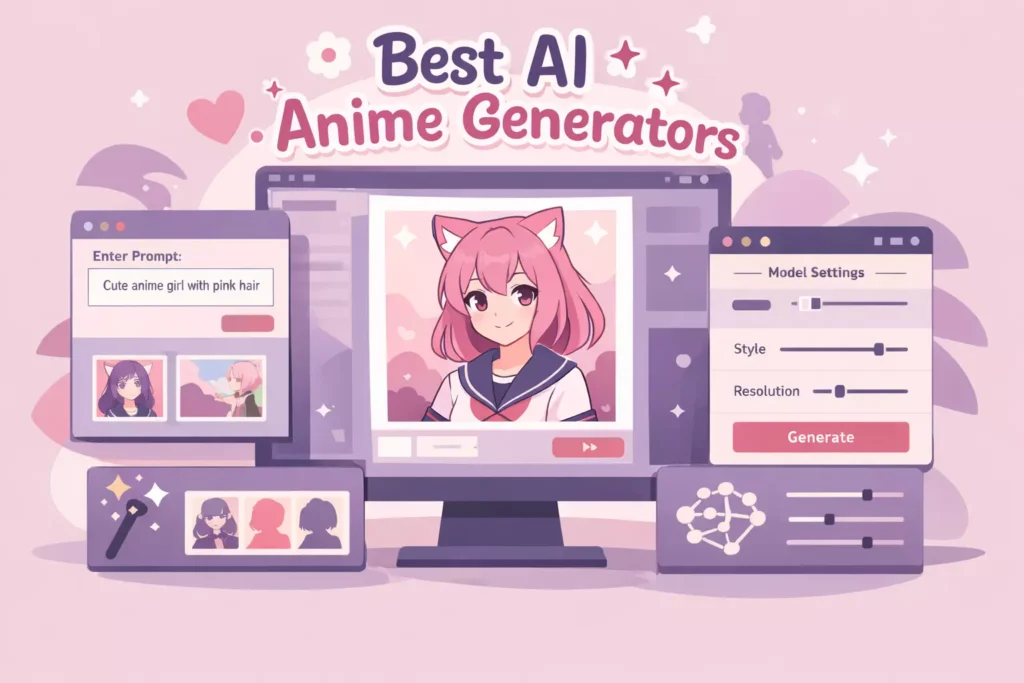 illustration showing AI tools generating anime style artwork using prompts and image models