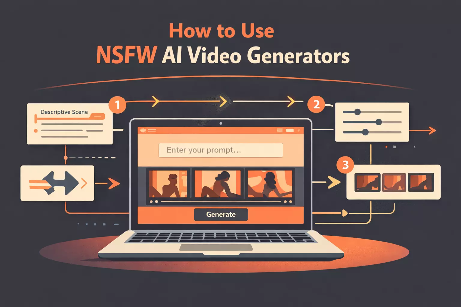 How to use NSFW AI video generators step by step illustration showing prompt to video workflow on a laptop interface.