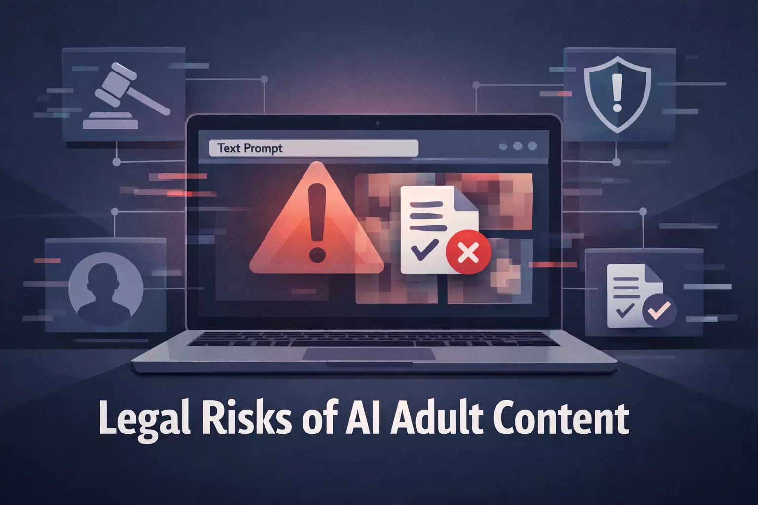 Legal risks of AI generated adult content illustration showing a laptop with AI content interface, warning symbols, and legal icons representing compliance and risk.