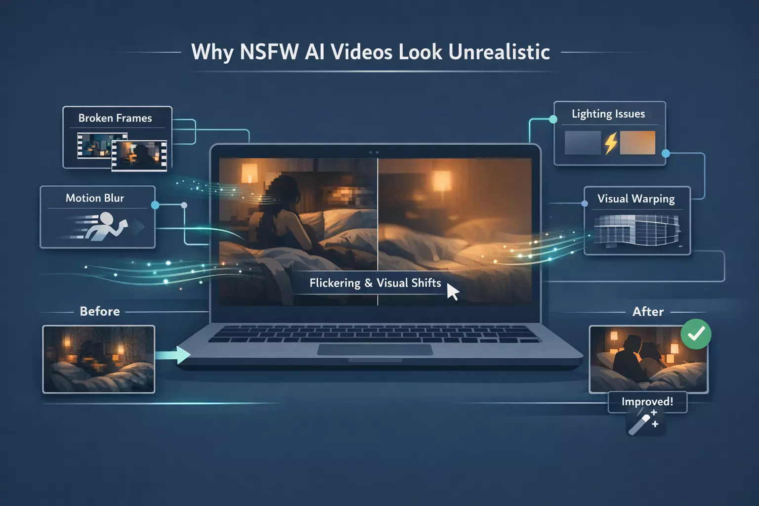 Why NSFW AI videos look unrealistic illustration showing flickering frames and motion inconsistencies in an AI generated video.