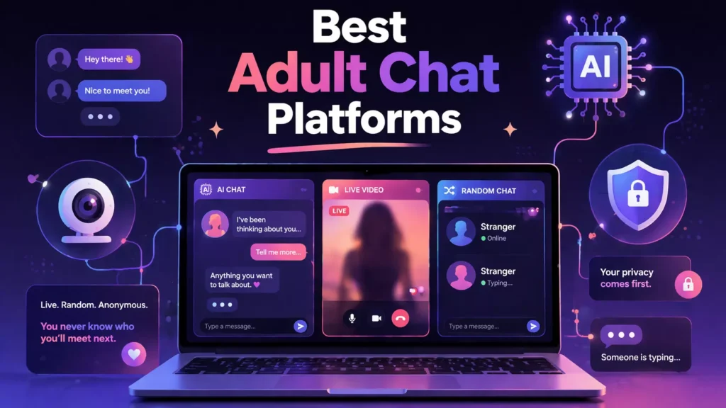 Best adult chat platforms illustration showing AI chat, live video chat, and anonymous chat interfaces on a laptop screen.