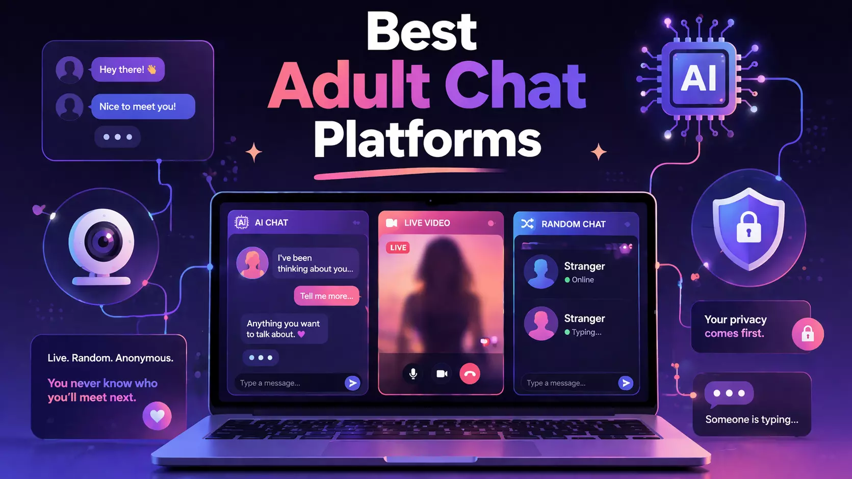 Best adult chat platforms illustration showing AI chat, live video chat, and anonymous chat interfaces on a laptop screen.